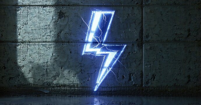 Bright blue lightning bolt glows against dark concrete wall. Dramatic lighting creates strong shadows, emphasizing electric energy.