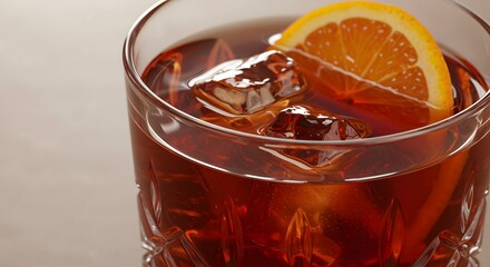Closeup of a cocktail in a cut glass with ice and an orange slice