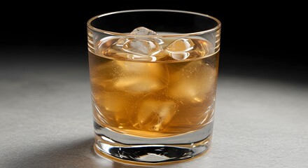 Closeup of a glass filled with amber liquid and ice cubes on a gray surface set against a dark gradient background