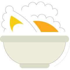 Simple graphic illustration of a bowl of food with two yellow triangular shapes emerging from white fluffy clouds on a transparent background