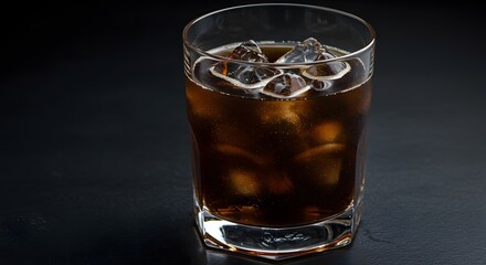 Closeup of a glass filled with cola and ice cubes on a dark surface