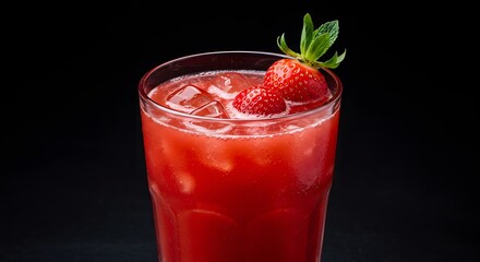 Closeup shot of a strawberry drink with ice garnished with strawberries and mint set against a black background