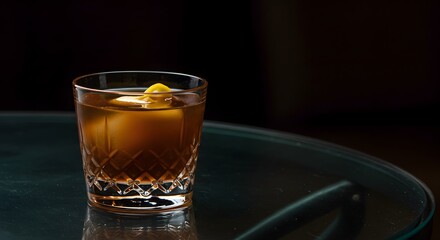 Cocktail in glass on table with lemon twist