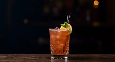 Cocktail with garnish on wood surface dark background