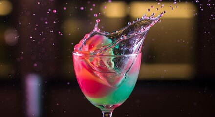 Colorful liquid splashes dramatically from a clear glass scattering droplets