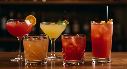 Five cocktails displayed on a wooden bar with various colors and garnishes set against a blurred background of bottles