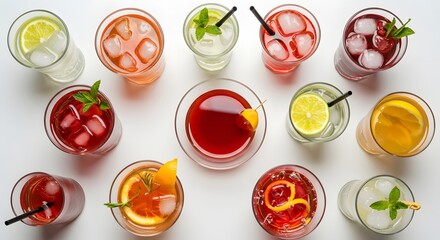 Overhead shot of twelve glasses filled with colorful cocktails and various garnishes set against a plain white background