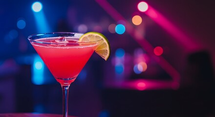 Red cocktail in a martini glass with lime and ice cube on a blurred background with blue and red lighting