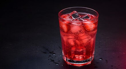 Red cocktail with ice cubes in a faceted glass on a dark wet surface