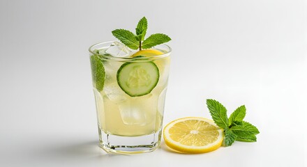 Refreshing drink icefilled glass with lemon cucumber  mint