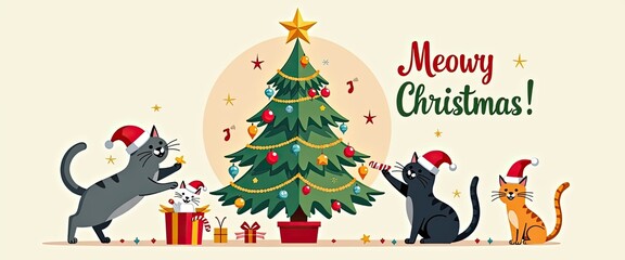 Fototapeta premium Festive cats in santa hats gather around a decorated christmas tree, with presents underneath and the text meowy christmas adding a playful holiday greeting