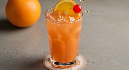 Refreshing orange cocktail with cherry garnish on coaster set on gray surface next to whole orange