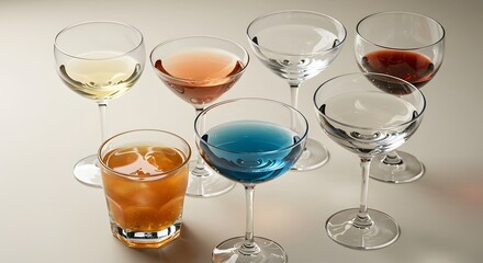Seven assorted cocktails arranged on a light surface