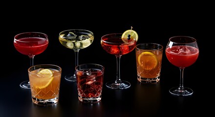Seven cocktails in stemmed and rocks glasses arranged on a glossy black surface