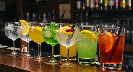 Seven colorful drinks with straws line a bar counter bottles blurred in background
