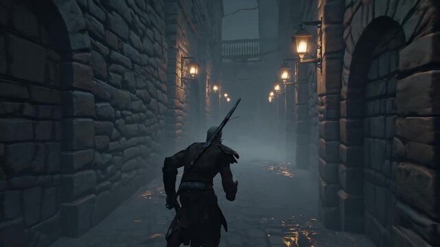 Guerrier courant dans une ruelle m&eacute;di&eacute;vale brumeuse