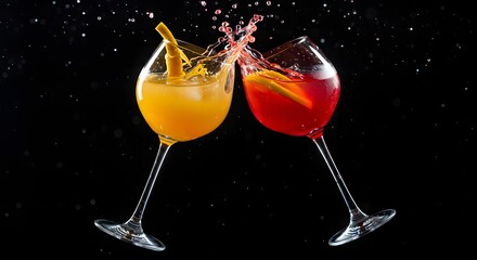 Two wine glasses filled with colorful liquids colliding in a splash against a dark background