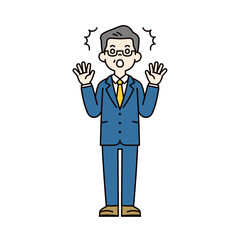 両手を広げて驚く、高齢の男性経営者のシンプルな全身ベクターイラスト素材