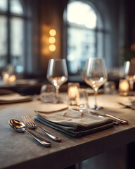 Fototapeta premium Elegant Table Setting in Empty Restaurant Captures Cinematic Atmosphere with Soft Lighting and Decor