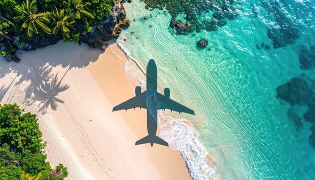Tropical Beach Paradise with Turquoise Water and Plane Shadow Aerial View