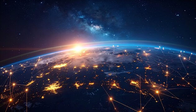 Earth from space with city lights and network connections.
