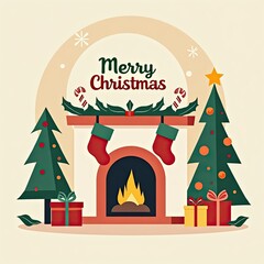 Cozy christmas scene with a fireplace, decorated christmas trees, and gifts, evoking a warm and festive holiday spirit