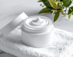 Close-up shot of a white cream jar with the lid off, placed on a white towel with green leaves in the background.