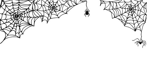 Horizontal frame with a spider hanging from a web. Black outline drawing for Halloween. Hand drawn graphic frame with space for text. Line illustration of a creepy insect, threads for decoration