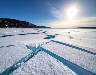 Blue ice and cracks on the surface of the ice. Frozen lake under a blue sky in the winter