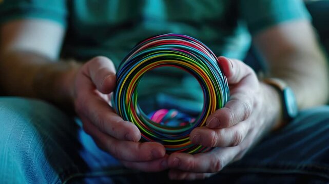 A person grasping a vibrant, rainbow-colored item