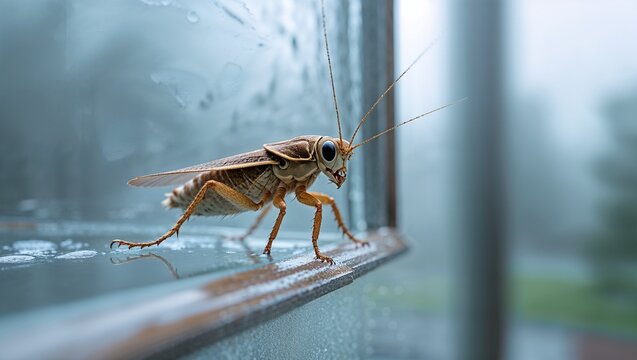 Cricket on rainy glass surface &ndash; macro insect close-up