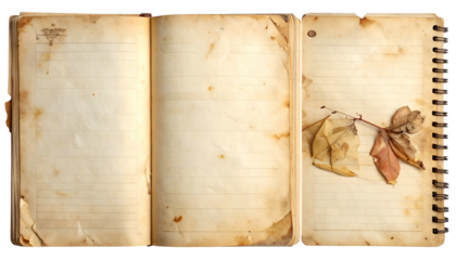 Vintage notebook pages with aged paper, leaf, spiral binding