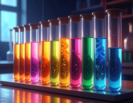 Colorful Chemical Solutions in Laboratory Test Tubes Rack.