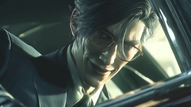 Creepy businessman in a car: A mysterious figure with a sinister smile in vehicle