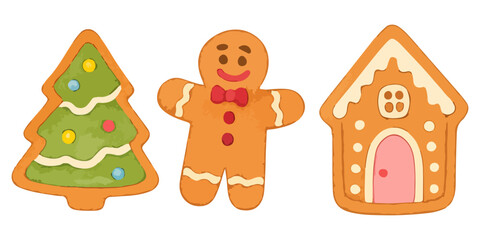 Cute christmas cookie set with christmas tree, gingerbread man and gingerbread house. Vector cartoon illustration isolated on white background. Festive holiday design perfect for cards, packaging