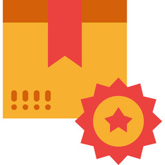 Orange Cardboard Box with Red Ribbon and Star Seal Badge Emblem for Shipping and Quality Assurance with Transparent Background