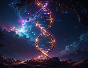 DNA Helix Against a Cosmic Sky: A Symbolic Representation of Life.
