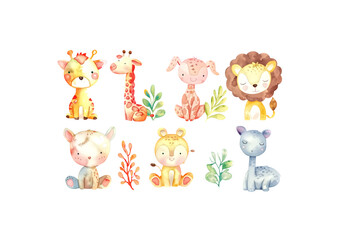 Fototapeta premium set of Kawaii, Cartoon, Watercolor Pastel Cute Animal, high reso