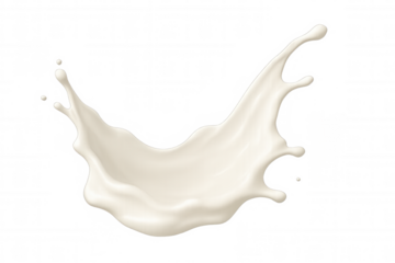 Dynamic white milk splash with flowing liquid, small droplets, and a smooth creamy texture against a transparent background