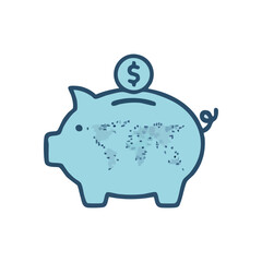 (Global Savings Piggy Bank. Light blue money box with a world map, symbolizing worldwide finance, international investment, and universal economic stability. Currency coin awaits deposit.)