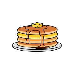 (Classic Golden Pancakes with Syrup. A delightful stack of fluffy griddle cakes adorned with a cube of rich butter and sweet amber topping. Represents comfort and morning treats.)