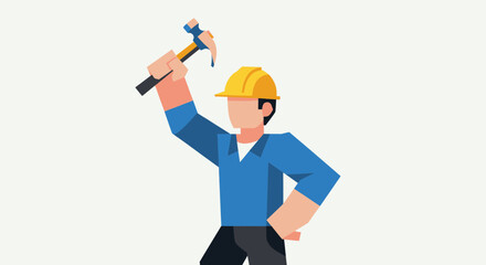 Construction worker holding hammer ready to work on building project.
