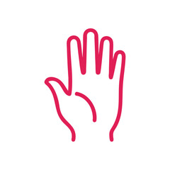 (Red Hand Stop Gesture Outline. This vibrant crimson illustration depicts a human palm raised, signaling cessation or greeting. Its simple line art suggests warning or welcome.)