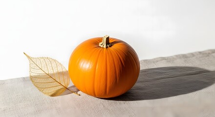 An orange pumpkin sits next to a delicate leaf on a neutral-toned surface, casting a shadow.