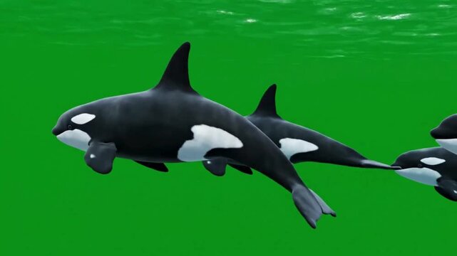 3D rendering animation of a pod of Orca (Killer Whales) swimming gracefully on green screen background. 