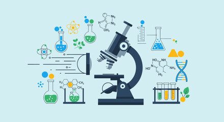 Microscope and scientific equipment illustration for research and study.