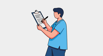 Person in blue shirt writing on a clipboard taking notes.