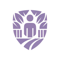 (Person and Nature Shield Emblem. A vibrant crest showcases an individual embraced by flourishing leaves, signifying community, advancement, and ecological preservation.)