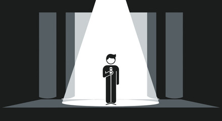 Person on Stage with Microphone Under Spotlight.