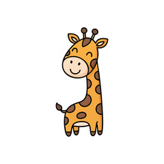 Fototapeta premium (Cute Cartoon Giraffe Illustration. A cheerful childlike animal drawing with a joyful expression. This friendly baby creature evokes happiness and innocence, perfect for kids projects.)